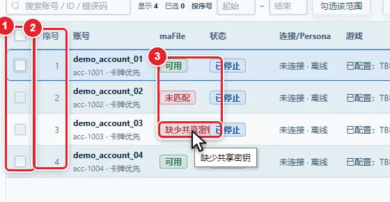 图 2-3 账号表格与 maFile 列