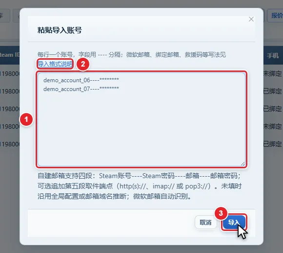 图 3-2 「粘贴导入账号」窗口