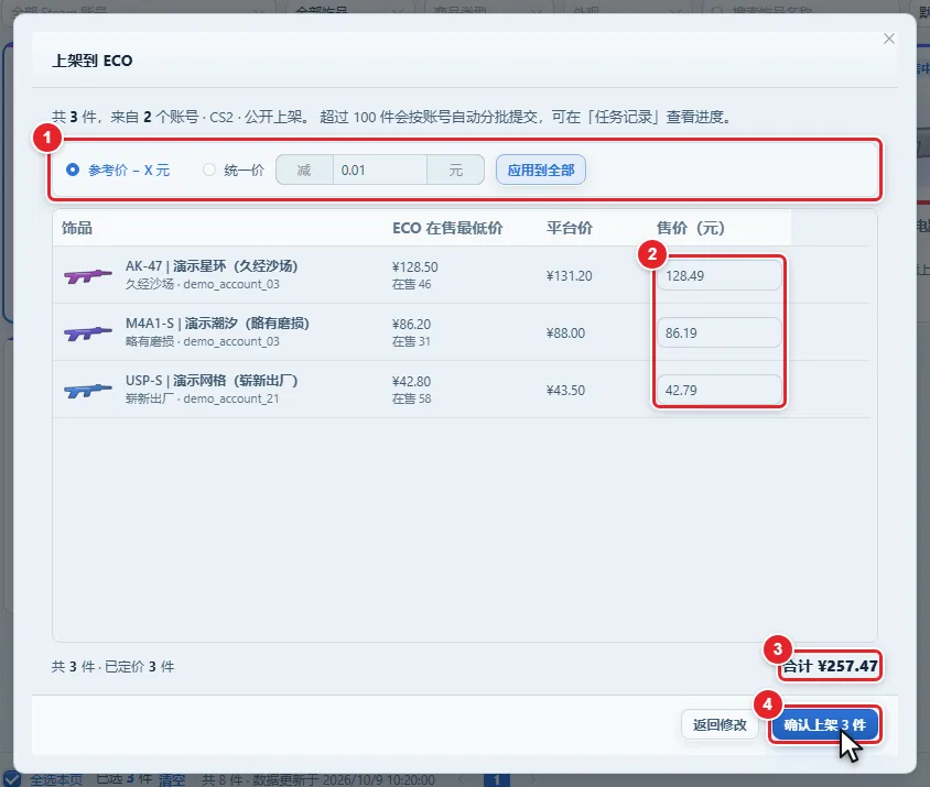 图 13-10 上架到 ECO 对话框(预填价格与合计)